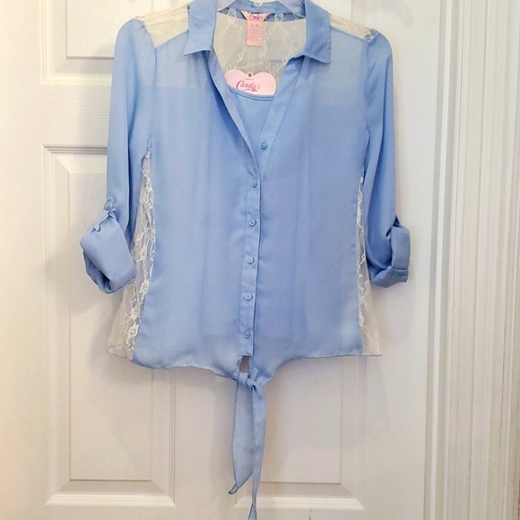Candie's Girl XL 16 Light Blue with Lace Detail Button Tie Front Top - Picture 3 of 4